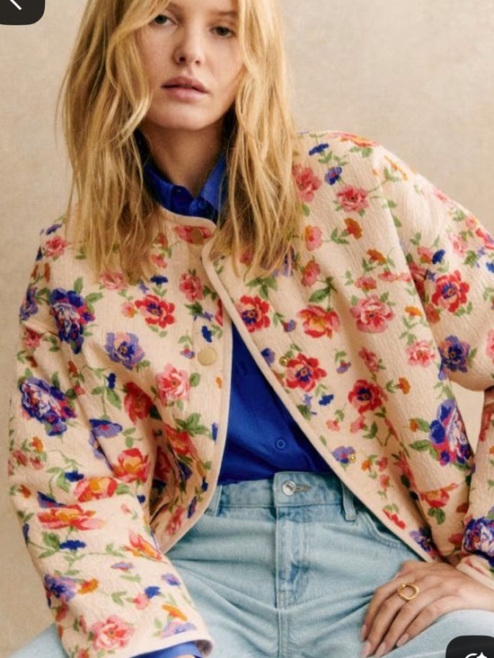 Sezane Jackets & Blazers - Sezane Cream Quilted Bomber Jacket with Pink & Blue Floral Print